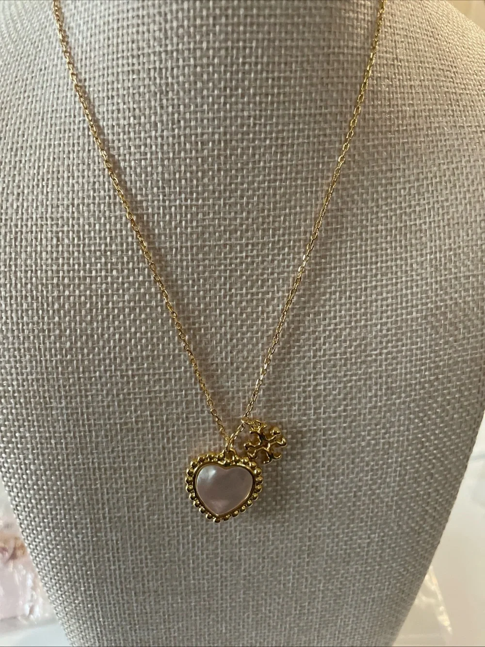 Tory Burch Gold Heart Pendant Necklace with Mother-of-Pearl Inlay